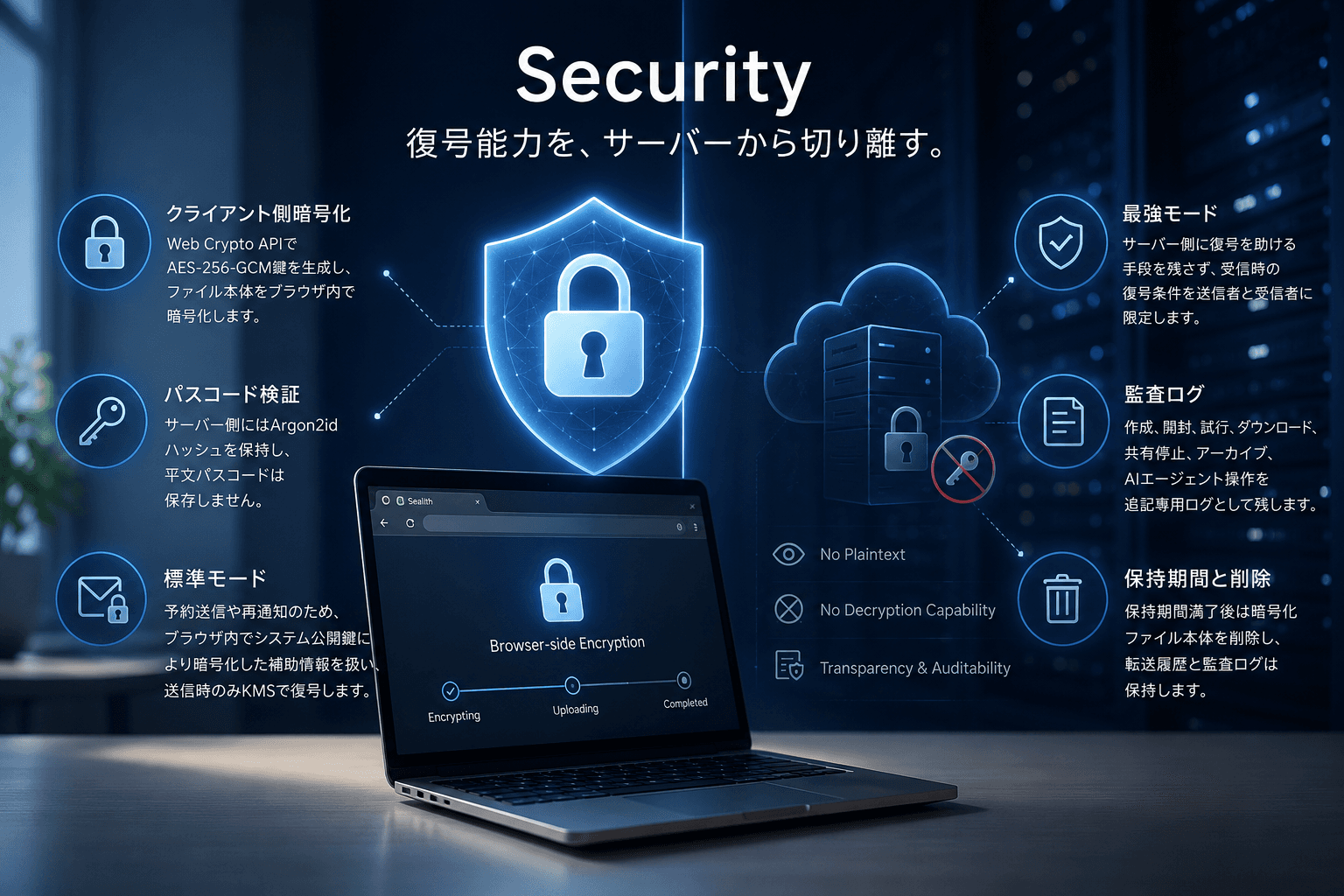 Sealith security overview — decryption capability separated from the server